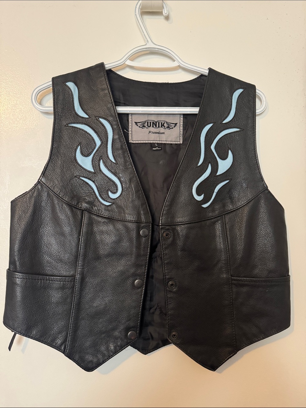 Unik Black Leather Vest with Light Blue Flame Details